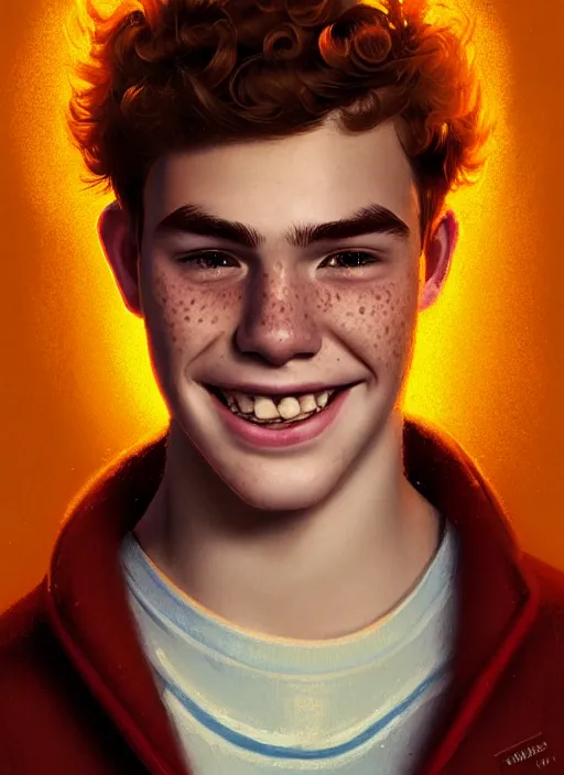 Image similar to portrait of teenage archie andrews, freckles, curly middle part haircut, curly hair, smiling kindly, intricate, elegant, glowing lights, highly detailed, digital painting, artstation, concept art, smooth, sharp focus, illustration, art by wlop, mars ravelo and greg rutkowski