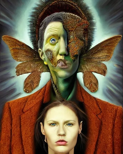 Image similar to surrealist portrait art in the styles of igor morski, jim warren, and manzel bowman, intricate, hyperrealistic, accurate facial details, profile picture with chromakey!!!!! background, volumetric lighting