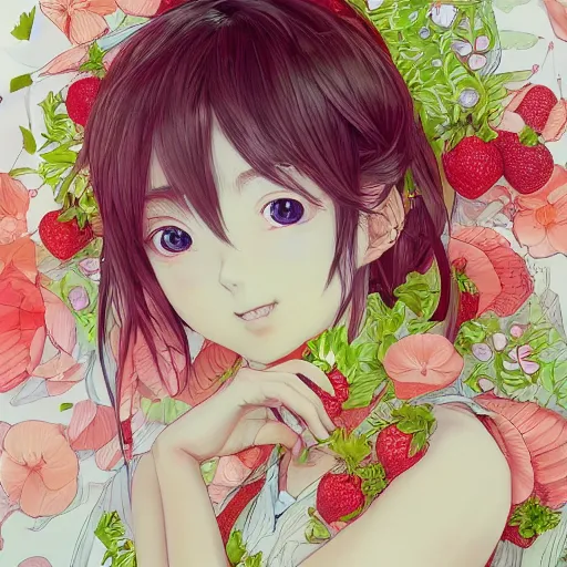 Prompt: the portrait of an absurdly beautiful, graceful, elegant, young japanese anime girl made of strawberries and green petals, an ultrafine hyperdetailed illustration by kim jung gi, irakli nadar, intricate linework, bright colors, octopath traveler, final fantasy, angular, unreal engine 5 highly rendered, global illumination, radiant light, detailed and intricate environment