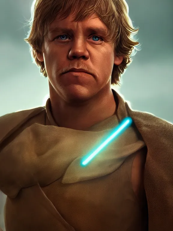 KREA - very low angle high quality hyper realistic portrait of young mark  hamill portraying luke skywalker, dark dramatic lighting, portrait  realistic and insanely detailed, great composition, 8 k