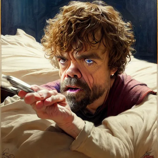 Image similar to peter dinklage is in his bed, nervous and terrified, because a kevin bacon is attacking him. highly detailed painting by gaston bussiere, j. c. leyendecker, greg rutkowski, craig mullins 8 k