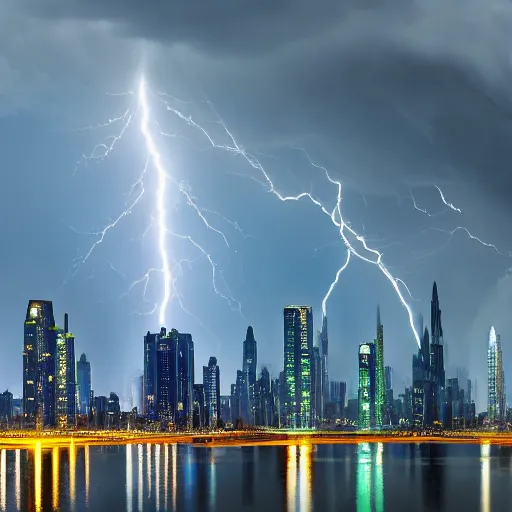 Prompt: Wide shot of colossal futuristic megacity towering across the landscape, thunder storm, +Ralph McQuarrie+, EOS-1D, f/16, ISO 200, 1/160s, 8K