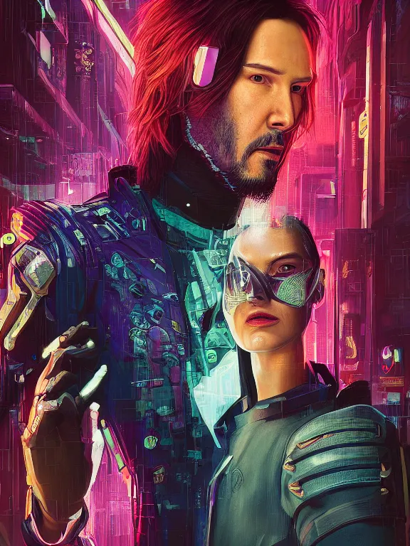 Prompt: a cyberpunk 2077 portrait of Keanu Reeves and V began a love story , electric cable , giant computer,film lighting,by laurie greasley,Lawrence Alma-Tadema,William Morris,Dan Mumford,trending on atrstation,FAN ART,full of color,Digital painting,face enhance,highly detailed,8K, octane,golden ratio,cinematic lighting