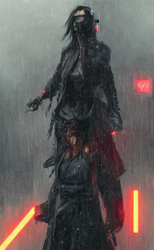 Image similar to cyberpunk samurai in rain, crowd, raven, arcane, by fortiche, by greg rutkowski, esuthio, craig mullins, wlop