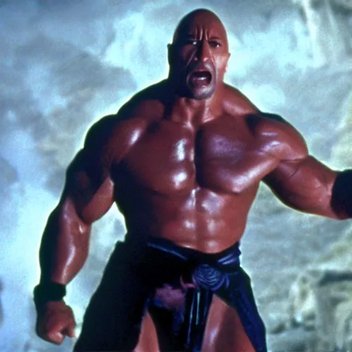 Image similar to film still of Dwayne Johnson playing Goro in Mortal Kombat (1995), 4k