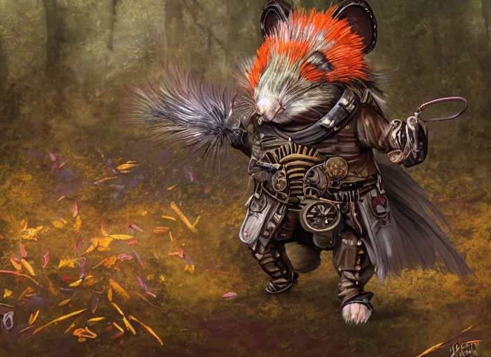 Image similar to ashigaru steampunk - inspired feathered mouse, colorful plumage, lacquered armor, cute but determined, hard focus, art station, by jessica rossier and brian froud, cinematic fantasy painting, orange grey white, in a woodland glade