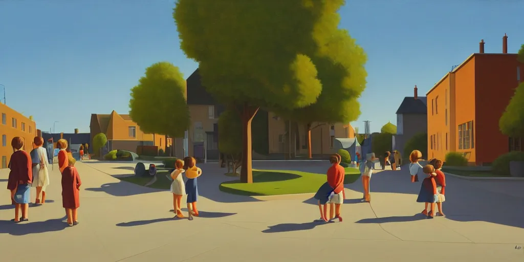 Prompt: quiet kids in the street, blue sky, summer evening, kenton nelson