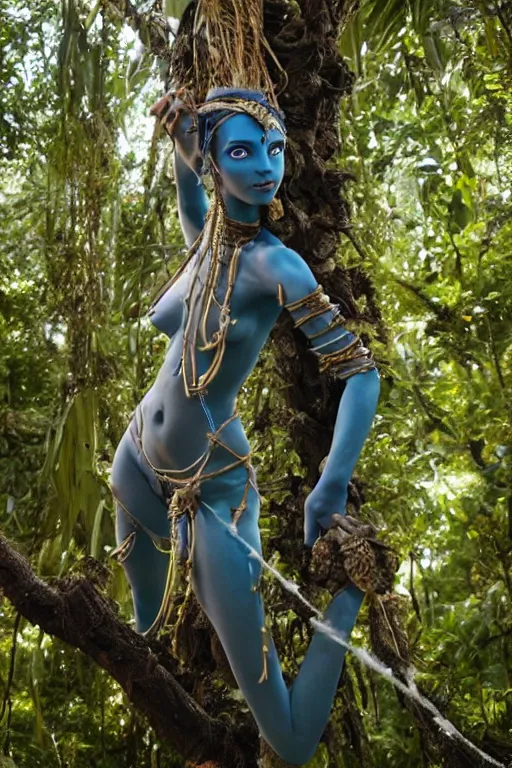 Image similar to a blue - skinned female navi from avatar wearing an elaborate outfit made out of shells wrapped in barbed wire suspended in the air between two trees, cosplay, body paint, high resolution film still, hdr color, movie by james cameron, clean composition, highly symmetric body parts, blue skin