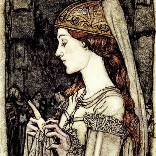 Image similar to beautiful young medieval queen by arthur rackham