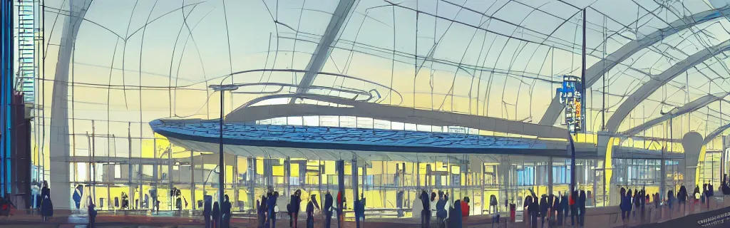 Image similar to birmingham new street train station exterior, gouache, animated film, stylised, illustration, by eyvind earle, scott wills, genndy tartakovski, syd mead