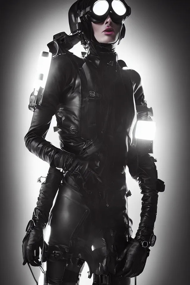 Image similar to digital fashion shoot, androgynous person, tactical tunic latex, wearing goggles, techwear, iridiscent light, high key, cinematic lighting at night, neon, phil hale, boris vallejo, alberto mielgo