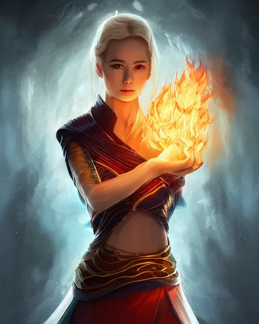 Prompt: digital art by peter tang, artgerm and wlop, in the style of throne of glass book covers illustrations, a young adult female magician with fireballs in hand and a blue magic lighting aurea overlay