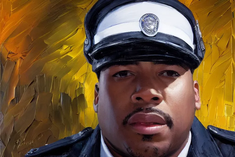 Image similar to palette knife oil painting portrait of ruben stone, a mall security guard., extreme detail, artstation trending, artgerm, random racial background, deviant art, octane, substance, art history 8 k