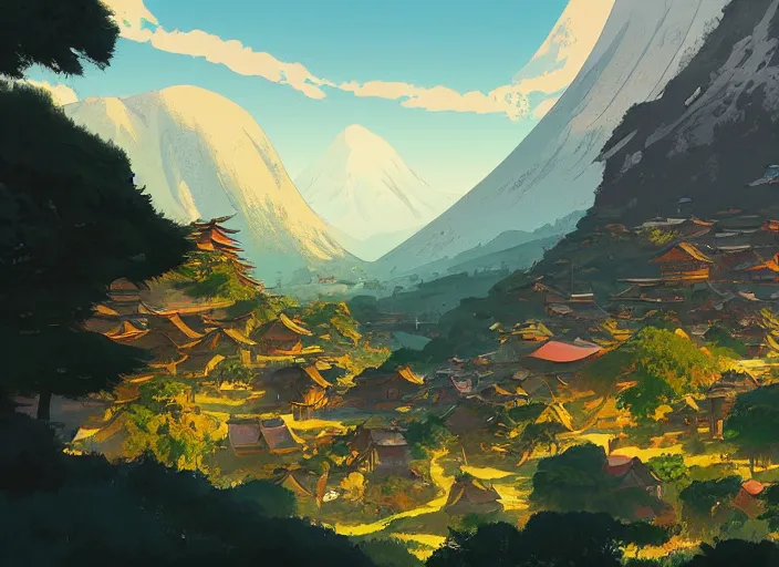 Image similar to concept art painting of a european japanese village in a valley seen from above, early morning, cel shaded, by makoto shinkai and moebius and anton fadeev and james gurney