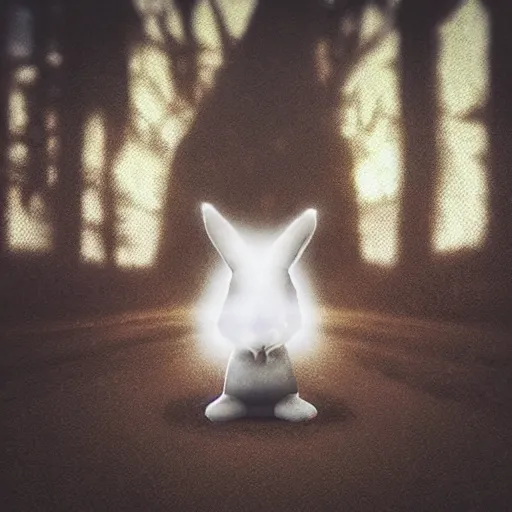 Prompt: “white bunny with black spots on face, staring at you in hell fog, raining fire, volumetric lighting, golden hour, sharp focus, ultra detailed”