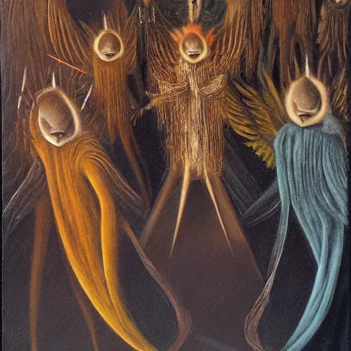 Prompt: a new, original piece by remedios varo, oil on canvas, surreal characters, angels