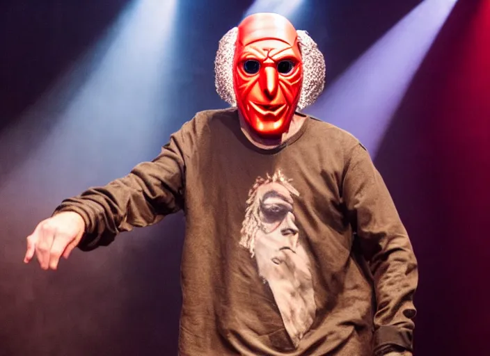 Image similar to publicity photo still of larry david wearing a slipknot mask touring with slipknot live on stage, 8 k, live concert lighting, mid shot