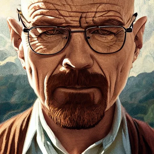 Image similar to walter white, fantasy character portrait, dynamic pose, above view, sunny day, very coherent asymmetrical artwork, sharp edges, perfect face, simple form, 100mm by Stanley Artgerm Lau, greg rutkowski, thomas kindkade, alphonse mucha, loish