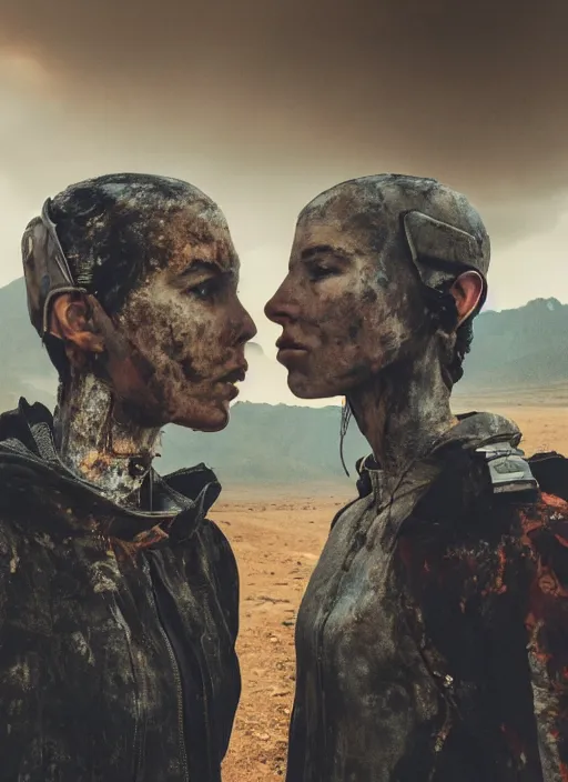 Image similar to cinestill 5 0 d photographic portrait by steve mccurry of two loving female androids wearing rugged black techwear on a desolate plain with a red sky in front of a brutalist structure, extreme closeup, cyberpunk style, dust storm, 8 k, hd, high resolution, 3 5 mm, f / 3 2, ultra realistic faces, ex machina