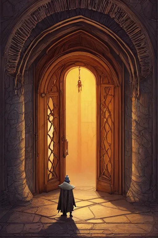 Image similar to an old wizard holding a book stands in front of an elaborate arched wooden door. stone steps lead up to the door. by mike allred and moebius and karol bak sharp digital painting. dreaming latent space. matte painting, concept art. artstation. digital render. realistic, 8 k