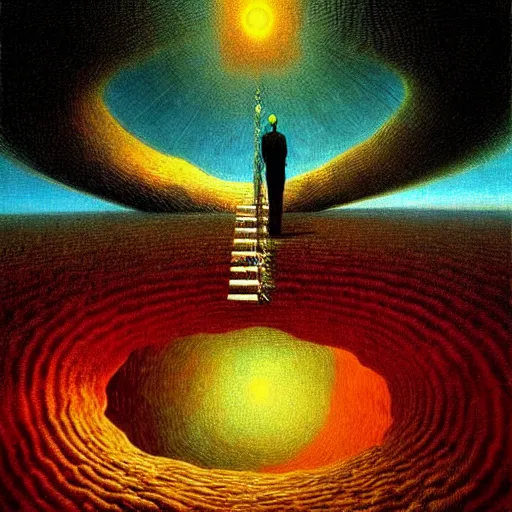 Prompt: Human peaking in wormhole - award-winning digital artwork by Salvador Dali, Beksiński, Van Gogh and Monet.