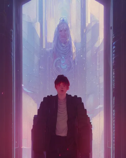 Image similar to highly detailed surreal vfx portrait of a postcyberpunk mage stephen bliss, unreal engine, greg rutkowski, loish, rhads, beeple, makoto shinkai and lois van baarle, ilya kuvshinov, rossdraws, tom bagshaw, alphonse mucha, global illumination, detailed and intricate environment