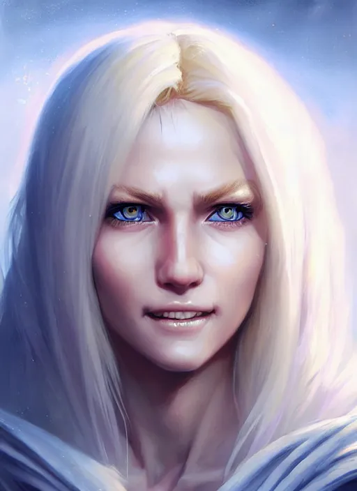 Image similar to a _ fantasy _ style _ portrait _ painting _ of shy white female paladin with blonde hair and blue eyes friendly smile, scar under left eye, holy oil _ painting _ unreal _ 5 _ daz. _ rpg _ portrait _ extremely _ detailed _ artgerm _ greg _ rutkowski _ greg