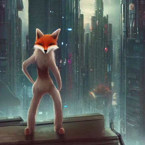 Prompt: an anthropomorphic fox with a fluffy tail staring over a futuristic city from the top of a roof, highly detailed, trending on furaffinity, cyberpunk, backlighting, cartoon