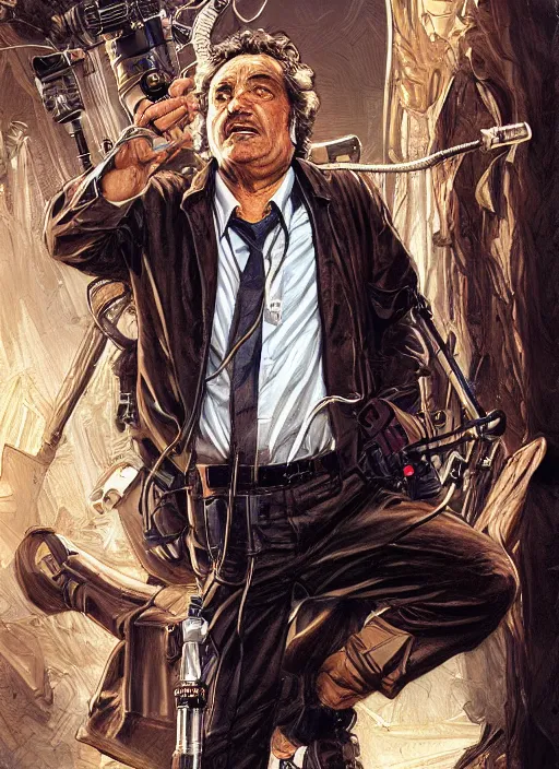 Prompt: Peter Falk as Columbo as a Ghostbuster, intricate, elegant, highly detailed, centered, digital painting, artstation, concept art, smooth, sharp focus, illustration, artgerm, donato giancola, Joseph Christian Leyendecker, WLOP, Artgerm