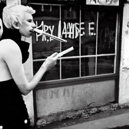 Image similar to androgynous punk smoking cigarette outside bar, photo kodachrome