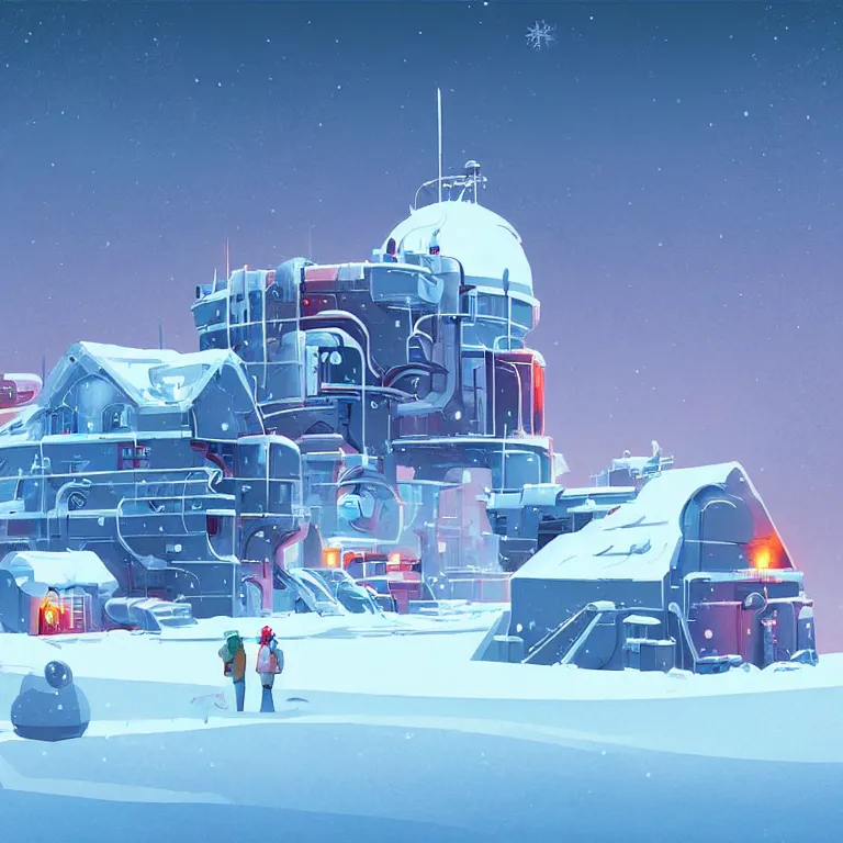 Image similar to A scientific base in north pole, cold, snowy, art by James Gilleard, James Gilleard artwork