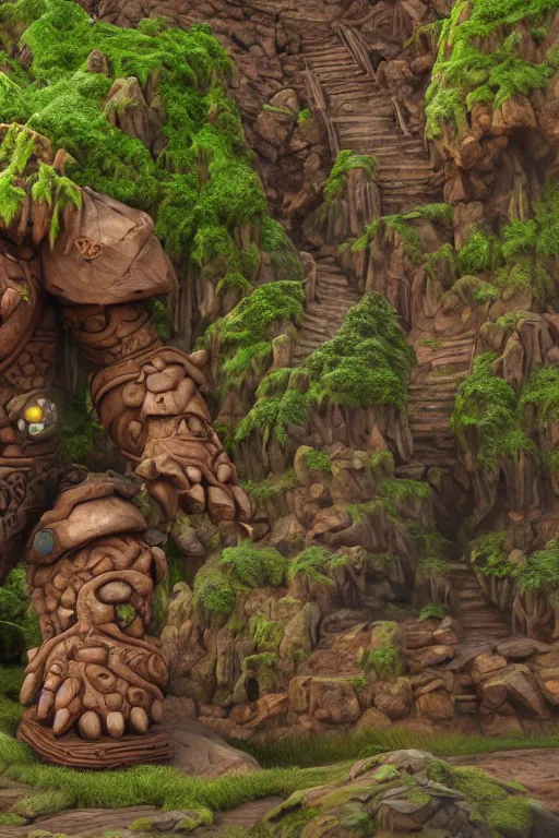 Image similar to zelda fantasy art giant golem troll wood rock greeble gemstone, global illumination ray tracing hdr fanart arstation by sung choi and eric pfeiffer and gabriel garza and casper konefal