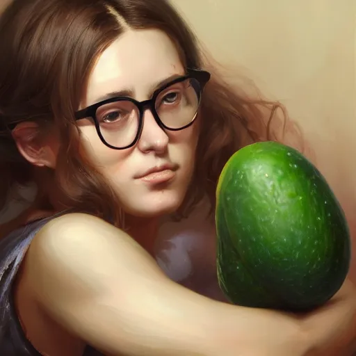 Prompt: ennie award winning artist lauren walsh wearing glasses lovingly cradling an avacado, fullbody, ultra high detailed, oil painting, greg rutkowski, charlie bowater, yuumei, yanjun cheng, lauren walsh, unreal 5, daz, hyperrealistic, octane render, rpg portrait, dynamic lighting, fantasy art, beautiful face