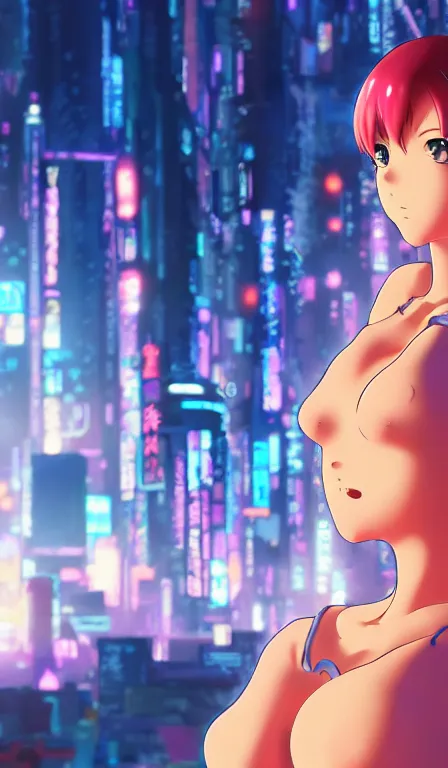 Image similar to anime fine details portrait of Nami in front of cyberpunk moder city landscape on the background deep bokeh, close-up view, anime masterpiece by Studio Ghibli. 8k, sharp high quality anime, artstation