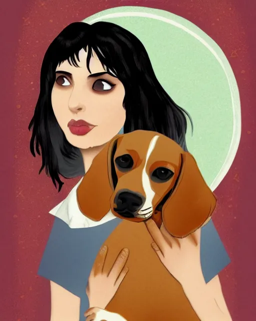 Image similar to happy birthday postcard in a style of Neil Gaiman book , black haired girl holding a beagle puppy, trending on artstation, 8k, highly detailed