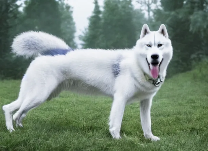 Image similar to film still of an anthropomorphic standing upright man dog white vested husky!!!!!! in a white vest wearing a white vest!!!!! in the new sci - fi movie, 8 k