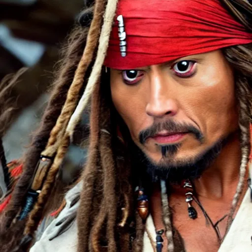 Image similar to Dwayne Johnson as jack sparrow, film still