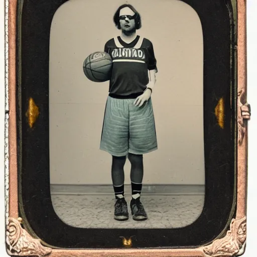 Prompt: Jarvis Cocker in a basketball jersey and shorts, ambrotype