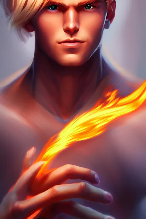 Image similar to character art by artgerm, young man, blonde hair, on fire, fire powers