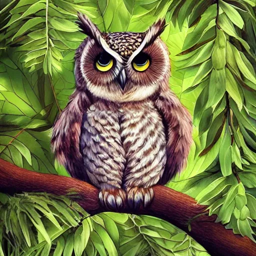 Prompt: beautiful furry owl - girl sitting on the branch, human body and head, owl wings instead arms, owl legs, beautiful paint, art, high quality