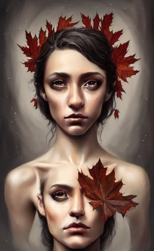 Image similar to gorgeous stella maeve magician, realistic character concept, bird's eye overhead shot, elegant pose, spooky, illustration, symmetrical face and body, cinematic lighting, detailed realistic symmetrical eyes, 8 k, joshua middleton, artgerm, tom bagshaw, single face, insanely detailed and intricate elegant, autumn leaves