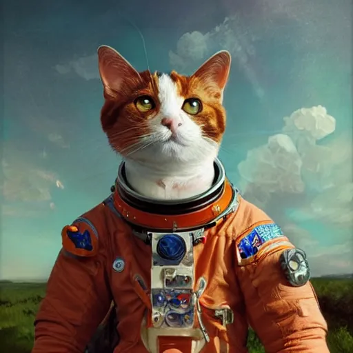 Prompt: portrait of a calico cat wearing a cosmonaut suit, concept art, painting by Viktor Vasnetsov, cinematic lighting , cinematic mood, very detailed, 8k, high resolution