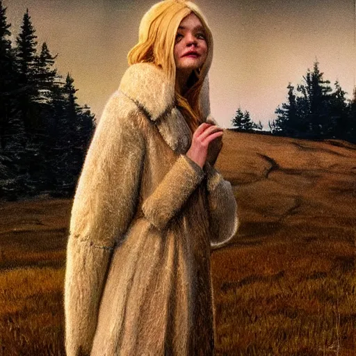 Prompt: Elle Fanning in a winter wonderland, head and shoulders masterpiece, apocalypse, golden hour, cosmic horror, artstation, in the style of Andrew Wyeth and Edward Hopper and Edwin Blashfield, extremely detailed