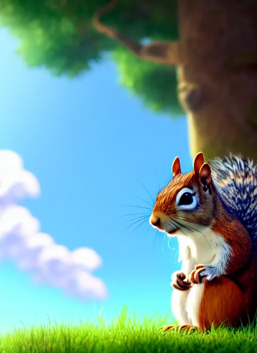 Image similar to a wholesome animation key shot of a cute squirrel, close - up, tree in the background, leaves in the foreground, studio ghibli, pixar and disney animation, sharp, rendered in unreal engine 5, anime key art by greg rutkowski, bloom, dramatic lighting