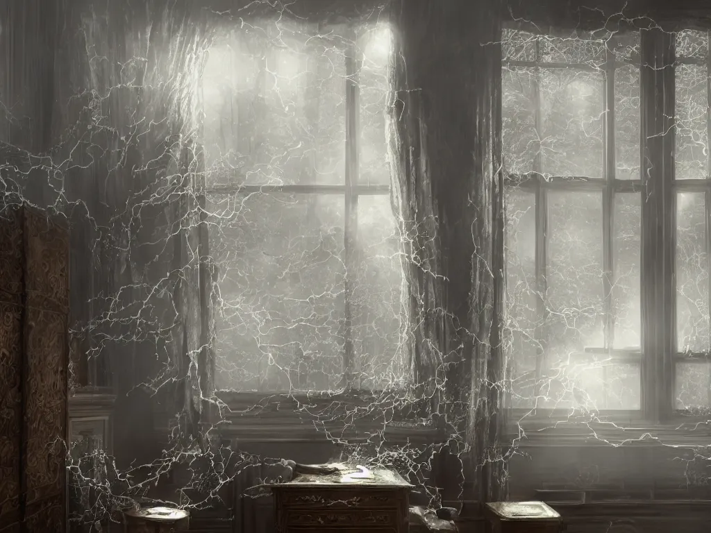 Image similar to richly decorated Victorian house with a moog modular synthesizer, modern, beautiful, detailed wood, photorealistic, photorealism, lightning, clouds, the winter light comes in through a window, volumetric fog