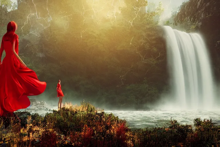 Image similar to a woman in a red dress is standing under the waterfall, post apocalypse, green everywhere, 4k, ultra details, cinematic, epic style, beautiful photo, hyper realistic, octane render, unreal engine, award winning, on artstation, volumetric lightning, masterpiece, golden hour,