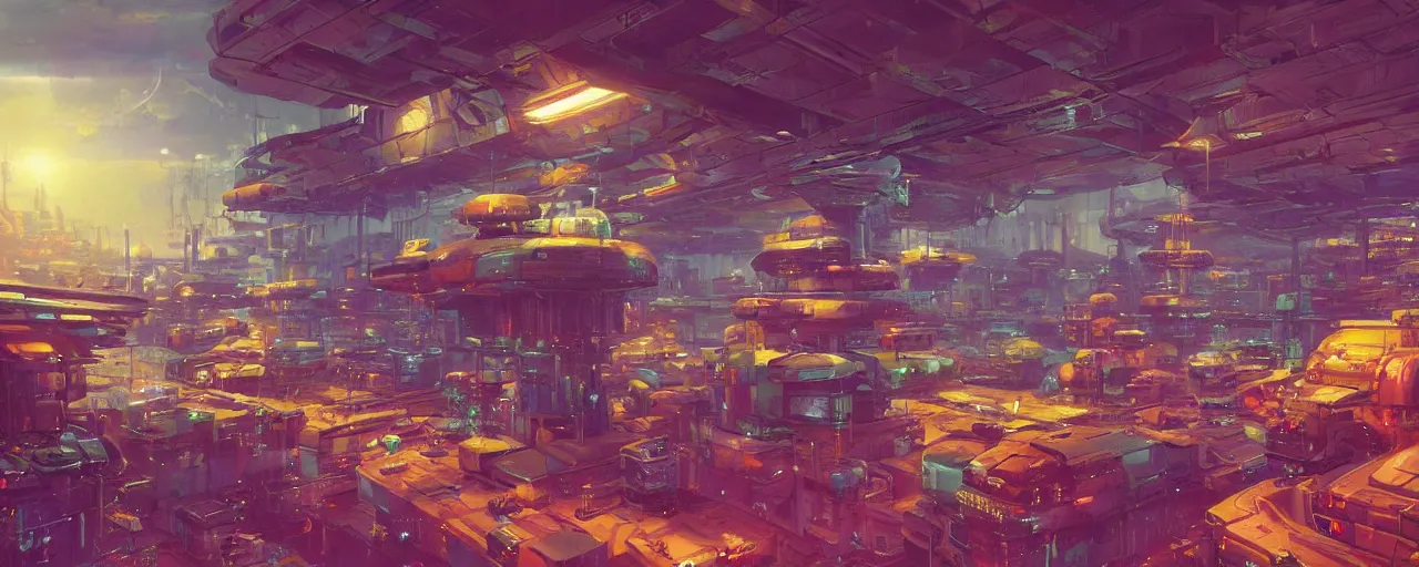 Image similar to ” futuristic scifi warehouse filled with containers, [ art by paul lehr, cinematic, detailed, epic, widescreen, opening, establishing, mattepainting, photorealistic, realistic textures, octane render ] ”