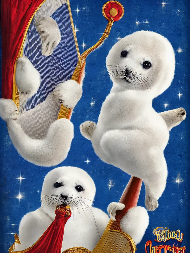 Image similar to baby harp seal at the circus, in the style of barnum and bailey, ringling brothers circus, circus, poster