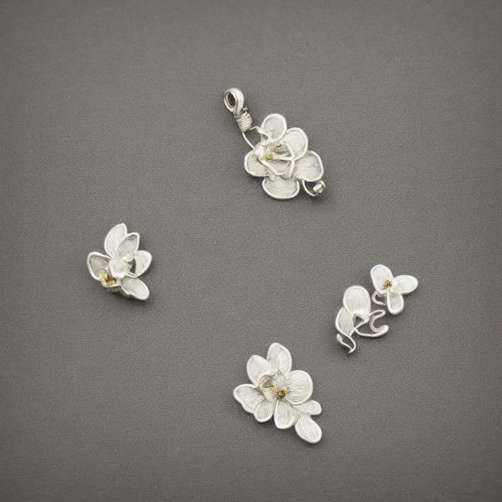 Prompt: Silver embroidered orchid amulet, realistic, clean, 4k, highly detailed