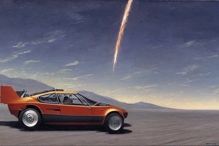 Prompt: bmw m 1 with rocket engines breaking the sound barrier across salt flats dieselpunk by caspar david friedrich and wayne barlowe and ted nasmith